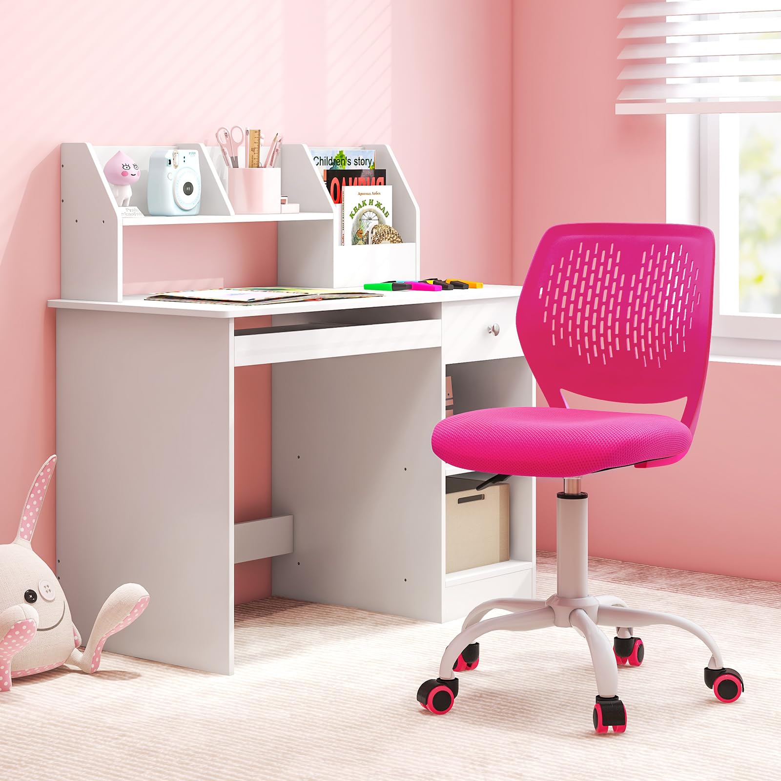 HONEY JOY Kids Desk Chair, Children Study Chair w/Adjustable Height, Low Back, Swivel Rolling Mesh Task Student Chair, Kids Computer Chair for Teens Girls Boys Home/School/Office (Rose)