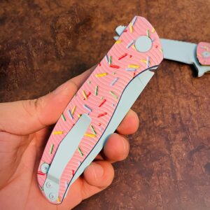 AMSOTTA Pink Sprinkle Donut Knife, Sharp Folding Pocket Knives for Men Women, G10 Handle M390 Blade EDC Knife with Pocket Clip