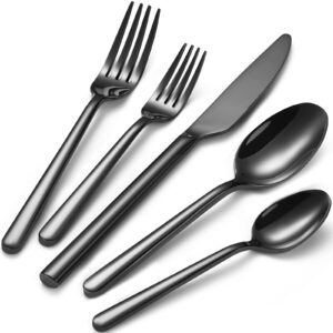 40-piece black silverware set for 8, heavy-duty 18/0 stainless steel black flatware cutlery set, modern round handle black utensils set, dishwasher safe for home, restaurant, mirror black, 40-pcs