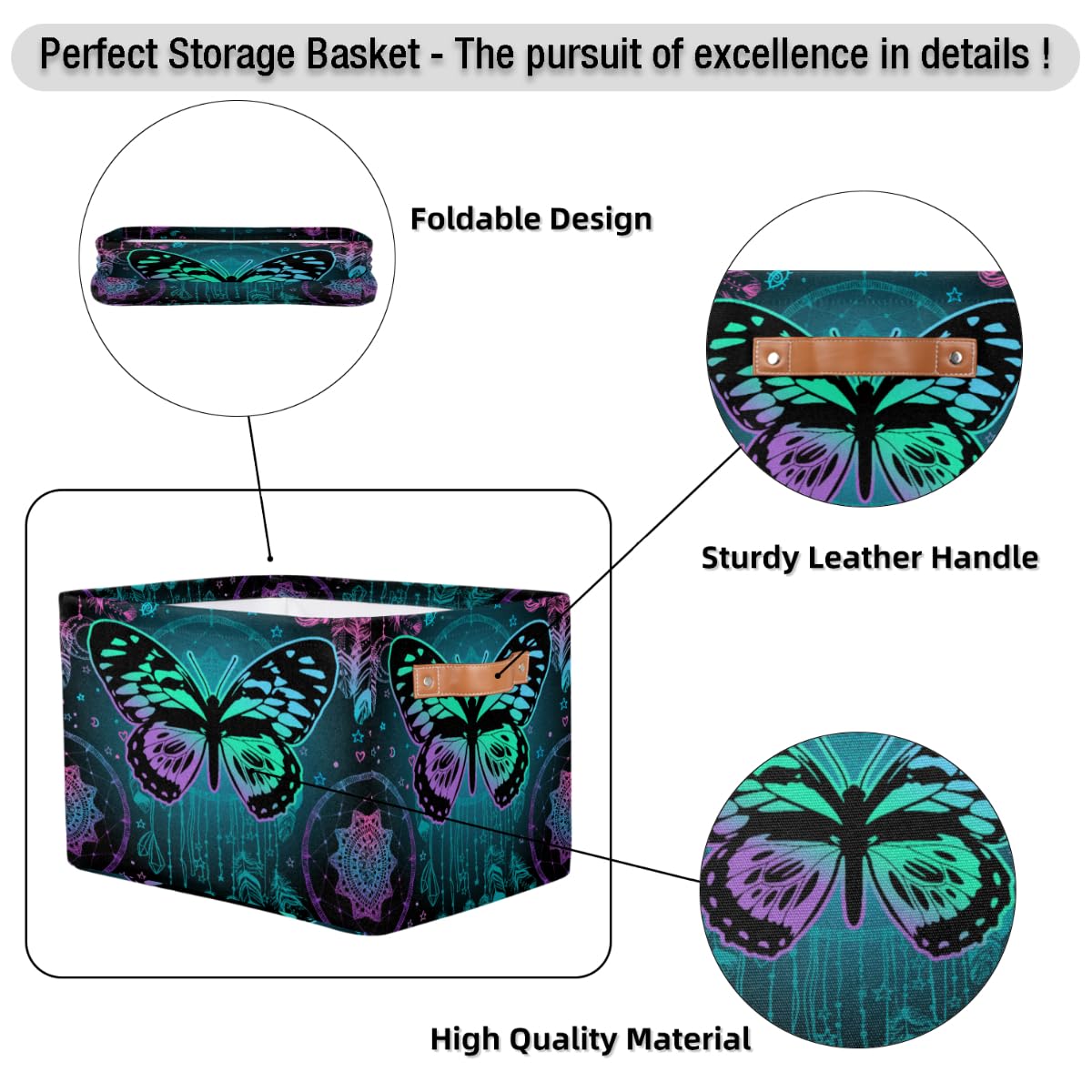 Aesthetic Butterfly Rectangular Nursery Closets Storage Baskets with Handles, Girls Mandala Canvas Collapsible Organizer Bin Bag for Home Office Bedrooms Dorm