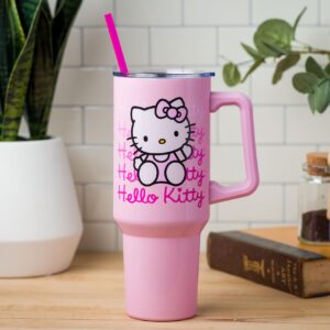 Silver Buffalo Sanrio Hello Kitty Waving Stainless Steel Tumbler with Handle and Straw, Fits in Standard Cup Holder, 40 Ounces