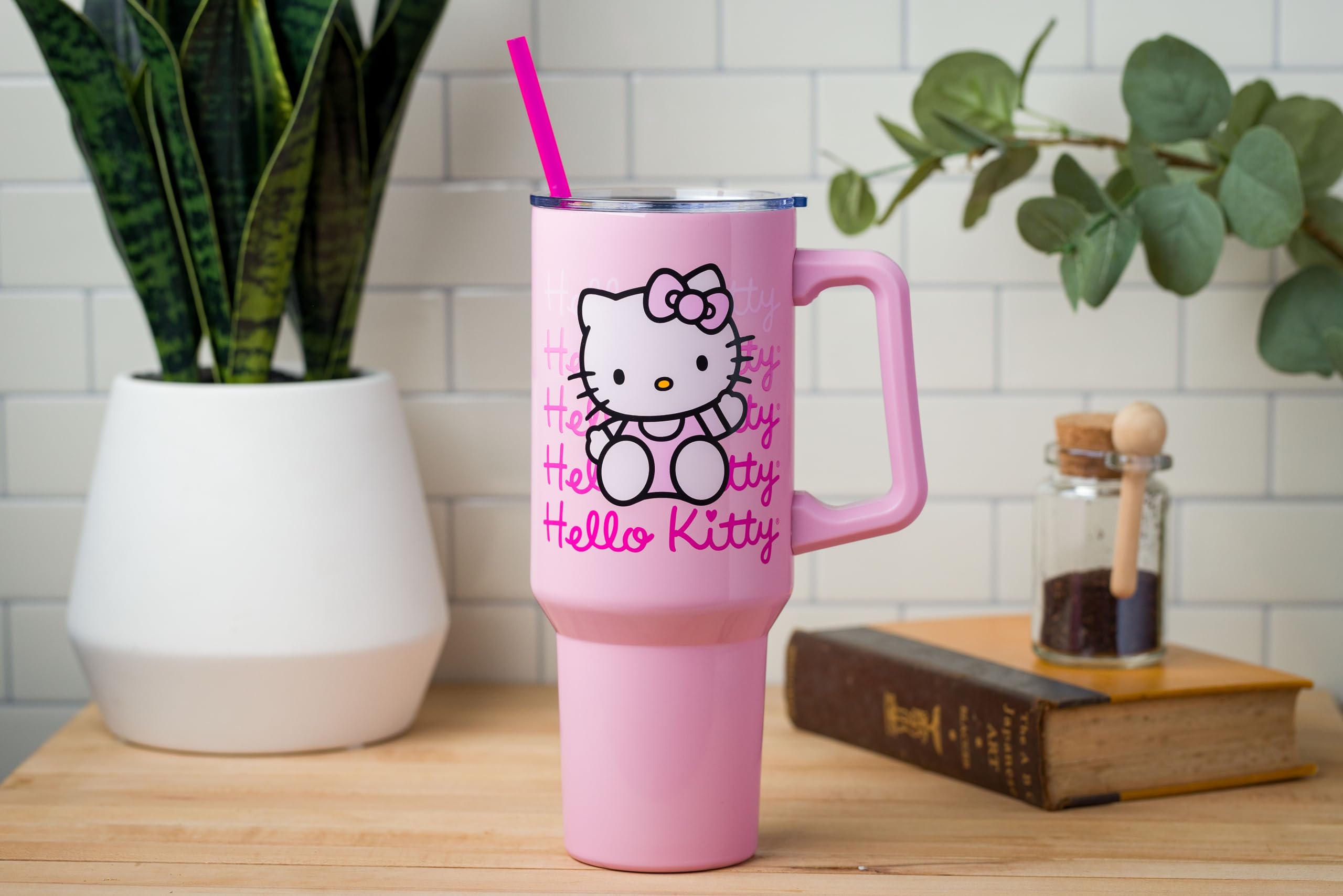 Silver Buffalo Sanrio Hello Kitty Waving Stainless Steel Tumbler with Handle and Straw, Fits in Standard Cup Holder, 40 Ounces