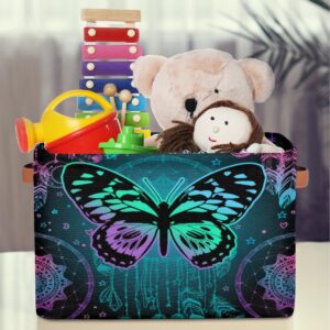 Aesthetic Butterfly Rectangular Nursery Closets Storage Baskets with Handles, Girls Mandala Canvas Collapsible Organizer Bin Bag for Home Office Bedrooms Dorm