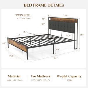 DALISK Twin Size Platform Bed Frame with Upholstered Headboard, USB Ports Charging Station, No Box Spring Needed, Strong Support & Noise Free, Easy Assembly