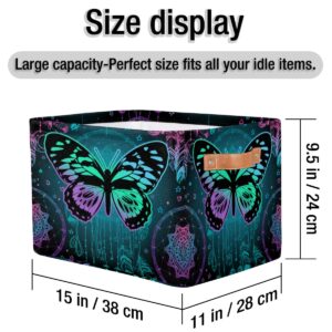 Aesthetic Butterfly Rectangular Nursery Closets Storage Baskets with Handles, Girls Mandala Canvas Collapsible Organizer Bin Bag for Home Office Bedrooms Dorm