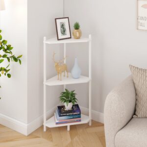 corner shelf stand - 3 tier walnut bamboo small corner bookshelf for office kitchen bedroom plant stand living room decor small space (white)