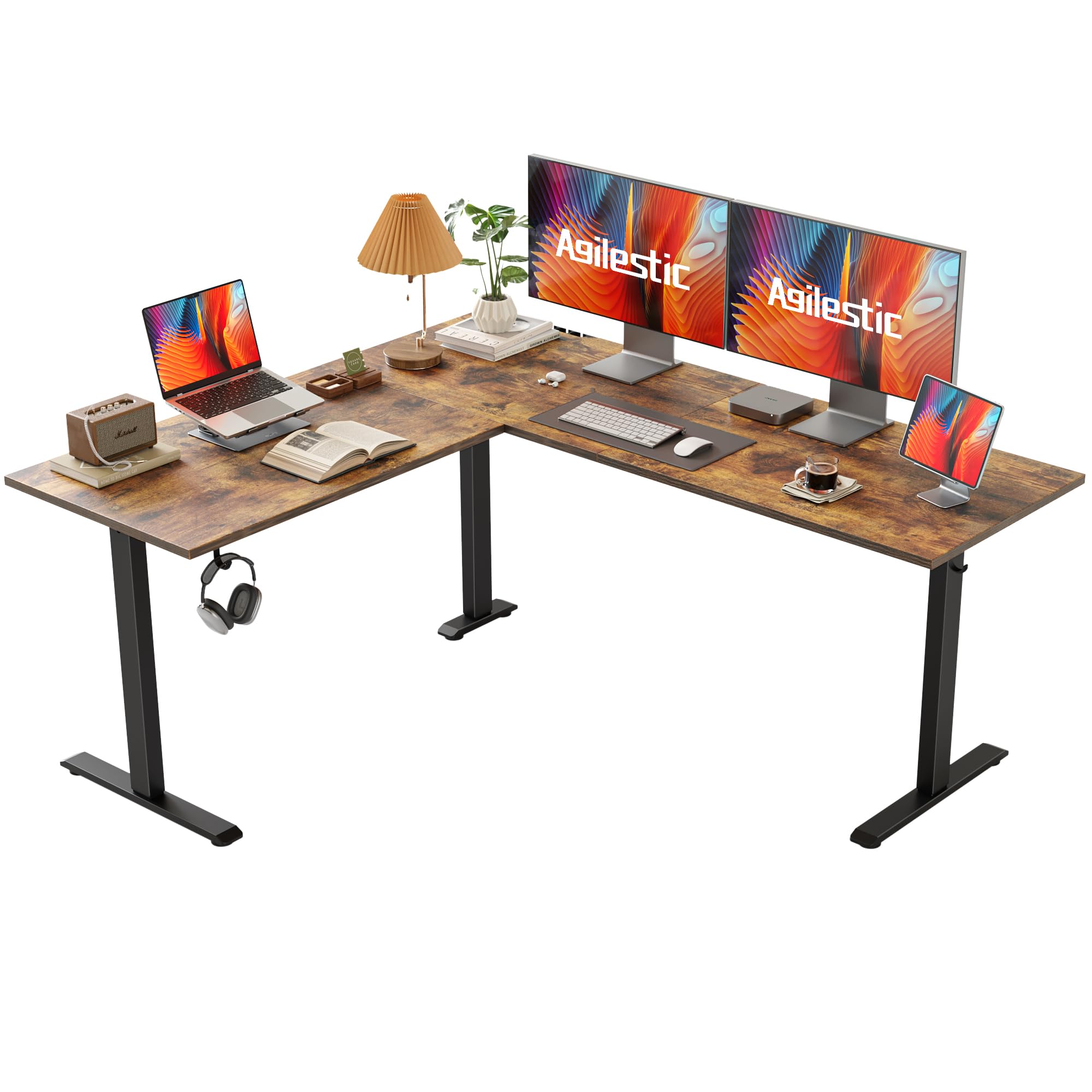 Agilestic L Shaped Standing Desk Adjustable Height, Electric Corner Standing Desk, 63 x 55 inch Sit Stand Computer Table with Splice Board, Rustic Brown