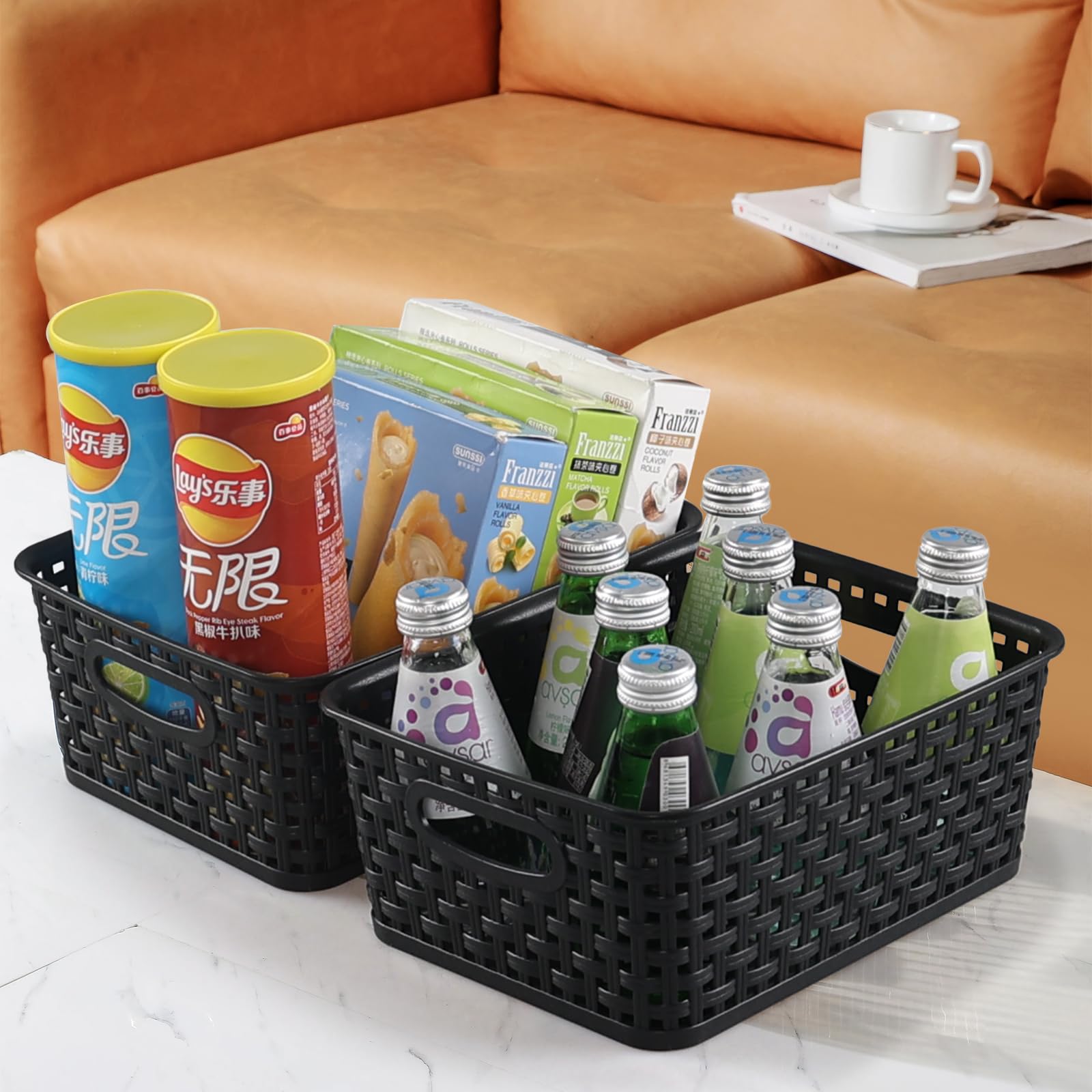 Lasbily 6-Pack Plastic Storage Basket, Woven Shelf Basket with Cut Out Handle, Pantry, Classroom, Kitchen, Bathroom Organizer Bin, Black