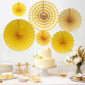 Hanging Paper Fans Decorations - 6 Pcs Round Pattern Yellow Paper Fans Party Decorations for Birthday Easter Wedding Gender Reveal Baby Shower Bridal Shower