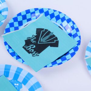 HAPPARTY Boss Birthday Party Supplies- Serve 12 Guests, 7in Boss Theme Paper Plates with 4.9in Napkins, Black Blue Boss Paper Trays and Baby Suit Tissues,Boy Baby Shower Party Decorations