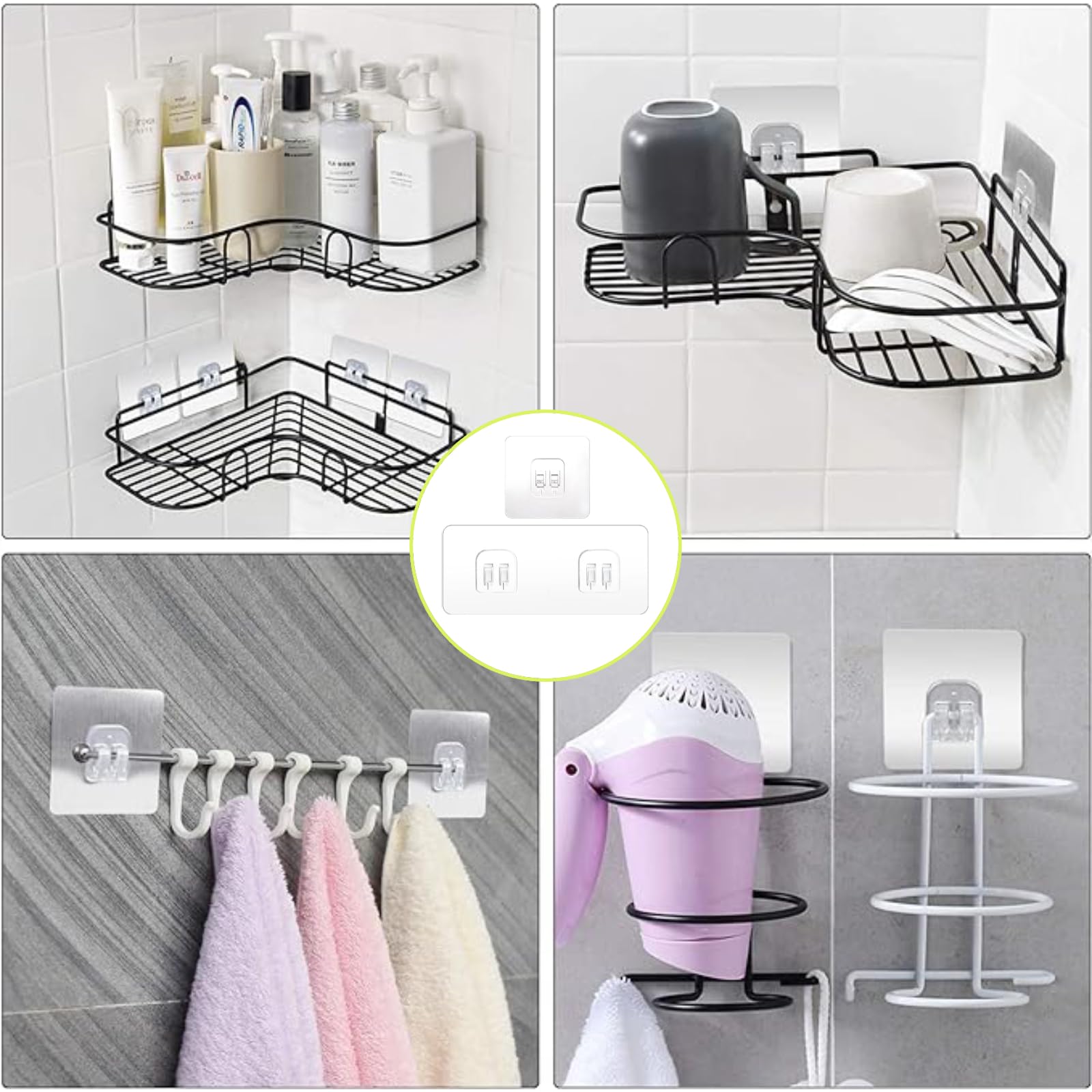 YCZARD 14 Pcs Corner Shower Caddy Strong Adhesive Sticker Hooks for Bathroom Shelf, No Drilling Sticky Wall Caddy Hooks for Bathroom Kitchen Shower Caddy Corner Shelf (Single/Double Hook)