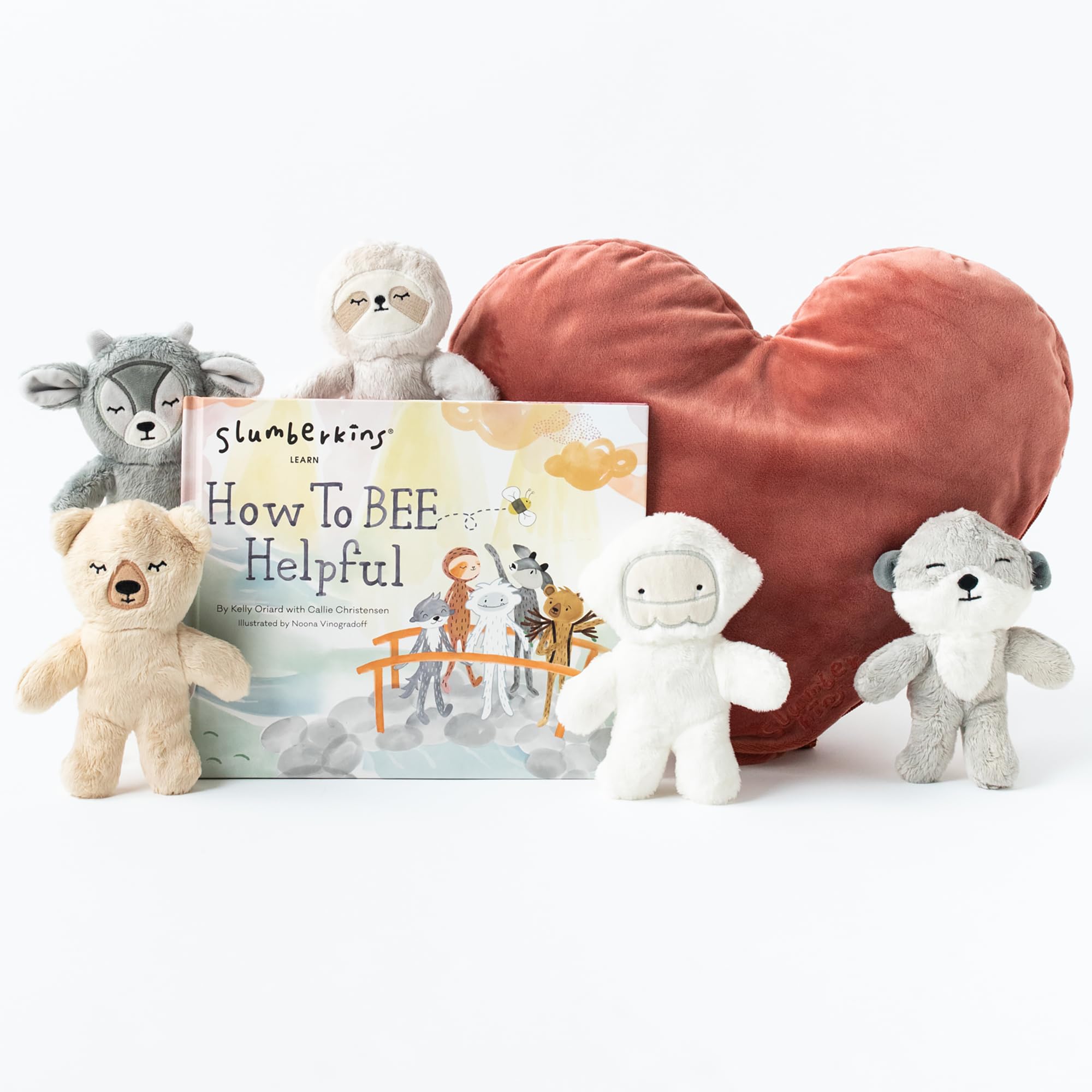 Slumberkins How to Bee Helpful Pillow Set - Includes Heart Pillow, 5 Caring Crew Minis: Honey Bear Mini, Ibex Mini, Otter Mini, Sloth Mini, Yeti Mini and How to Bee Helpful Hardcover Book