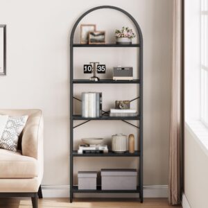 Arched Bookshelf, 5-Tier Open Bookshelf, Modern Bookcase Storage Shelves with Metal Frame, Freestanding Display Rack Tall Shelving Unit for Bedroom, Living Room, Home Office Black Frame + Black Board