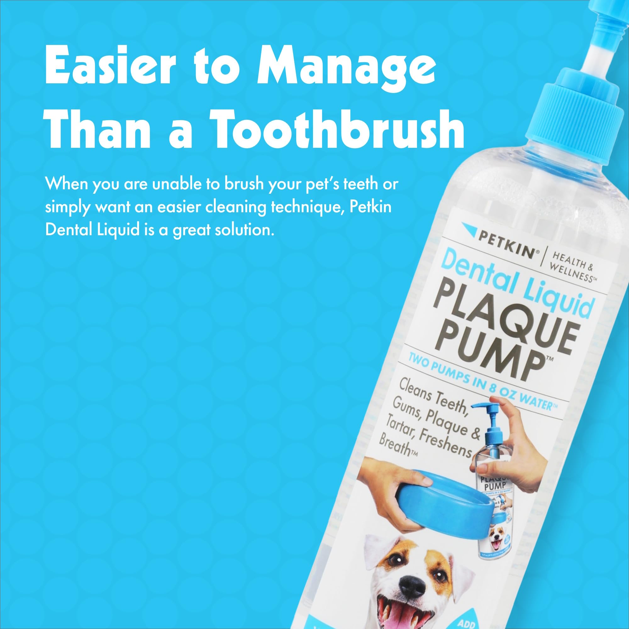 Petkin Dental Liquid Plaque Pump, 16 Fl Oz - Dental Water Additive Cleans Pet's Teeth, Gums, Plaque & Freshens Breath - Invisible Formula Has No Taste, Color, or Smell - for Dogs and Cats