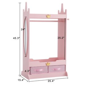 GTOLV Kids Dress Up Storage with Mirror, Kids Armoire with Non-Woven Drawers, Open Costume Closet with Hanging Rack for Toddlers (Pink)