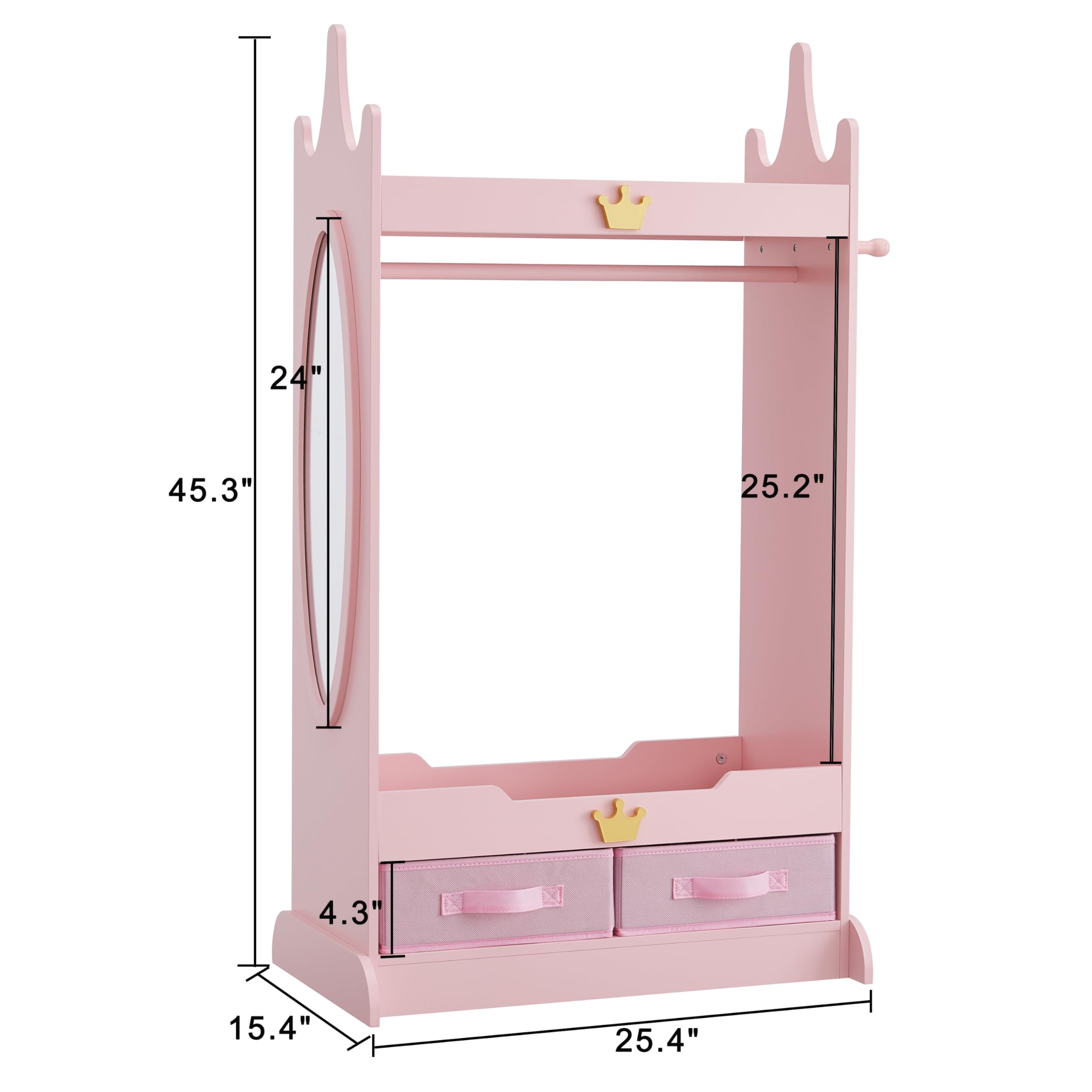 GTOLV Kids Dress Up Storage with Mirror, Kids Armoire with Non-Woven Drawers, Open Costume Closet with Hanging Rack for Toddlers (Pink)