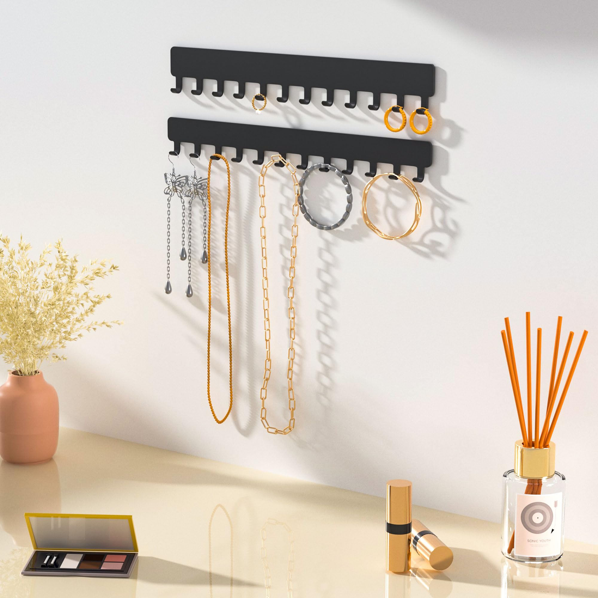 Josmimic Necklace Holder Hanging Jewelry Organizer - Jewelry Organizer for Necklace, Self-Adhesive Necklace Organizer, Wall Jewelry Organizer,2 PCS, Black