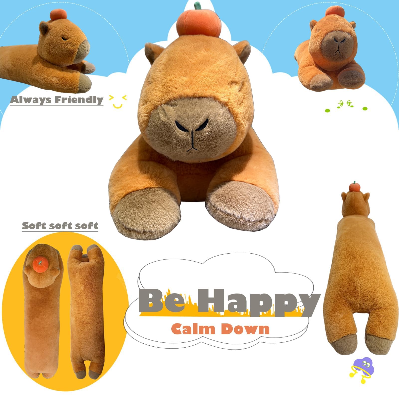 Hofun4U Capybara Plush Pillow, Capybara Stuffed Animal with Persimmon Plush, Capybara Plush Long Body Pillow (35 inch)