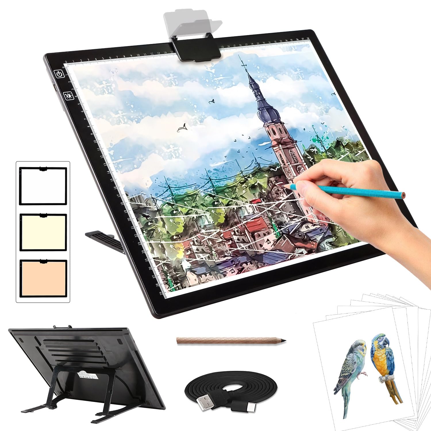 Rechargeable A3 Light Pad for Diamond Painting,Tracing Light Box with Stand and Clip,3 Colors Stepless Dimmable and 6 Levels of Brightness Light Board for Artists,Drawing,Sketching,Animation