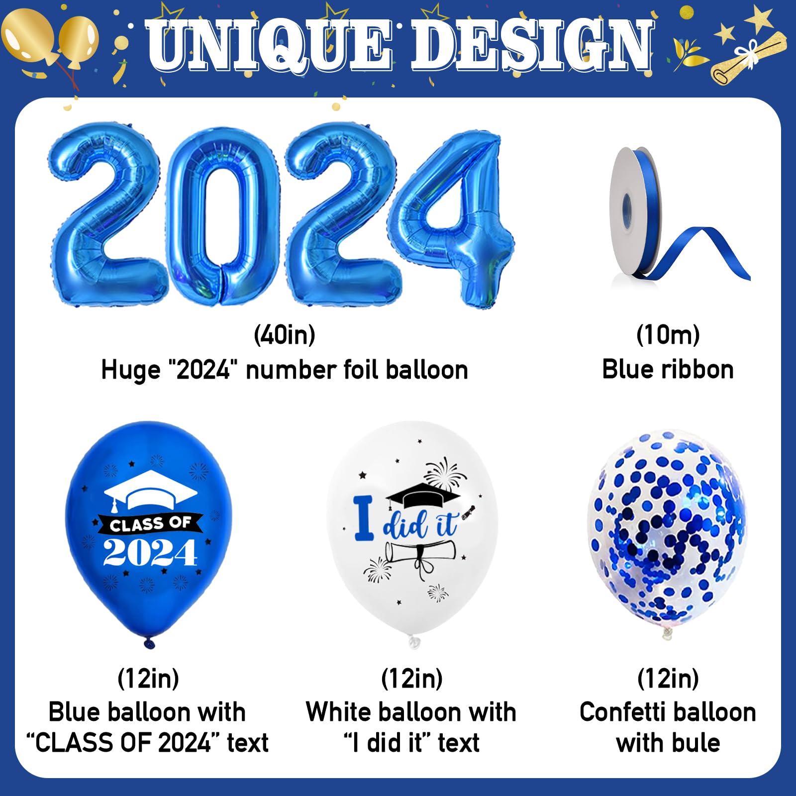 DMIGHT Blue Graduation Party Decorations Class Of 2024 Graduation Party Supplies with Grad Backdrop, Porch Sign with Led-Light Strips, Photo Booth Props,2024 Foil Balloons for Graduation Party