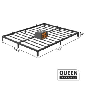 IDEALHOUSE 6 Inch Queen Bed Frame No Box Spring Needed, Low Profile Bed Frame Heavy Duty Metal Platform 6 Inch Low Bed Frame with Sturdy Steel Slats, Noise Free, Easy Assembly, Black(Queen)