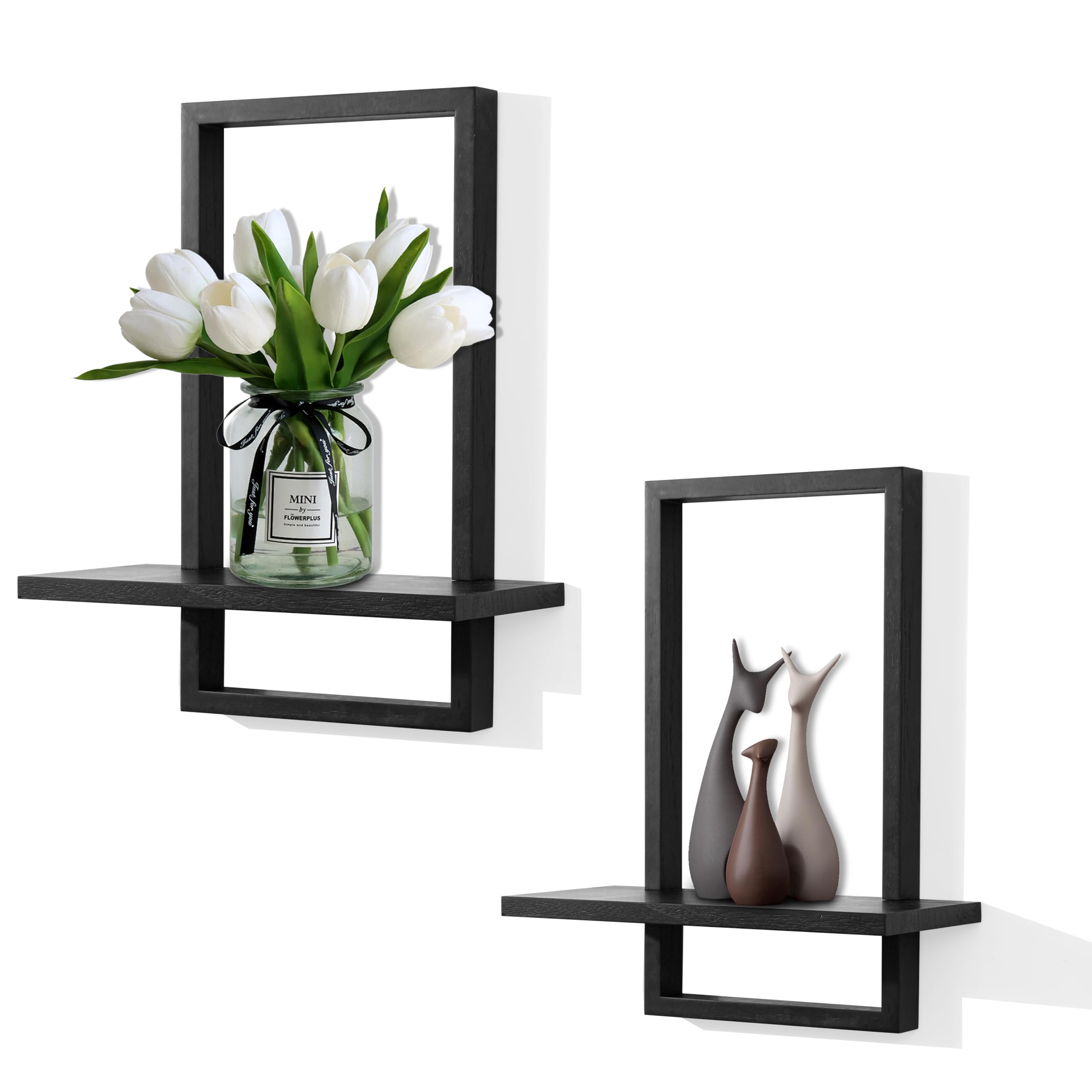 PHOENANCEE Square Floating Shelves Black,Framed Hanging Shelf for Wall Set of 2,Decorative Modern Chic Plants Decor for Living Room Bedroom Bathroom Home Office,Soild Wood,L+S