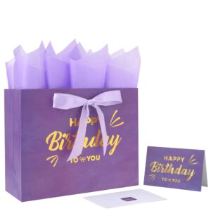 13" large purple painting gift bag set with greeting card and lavender tissue papers (gold foil happy birthday) for women's birthday party, girls' birthday parties, baby shower, baby girl -