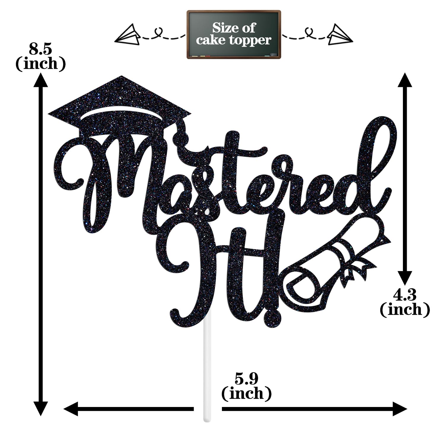 Mastered it Cake Topper, Happy Master's Degree/You Did It, Congrats Grad Graduate, Master Graduation Party Decorations Supplies, Black Glitter