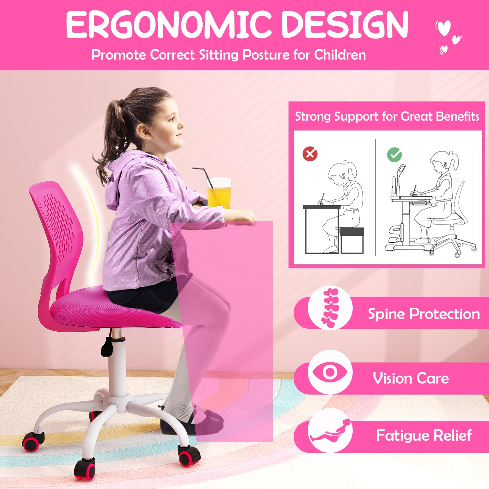 HONEY JOY Kids Desk Chair, Children Study Chair w/Adjustable Height, Low Back, Swivel Rolling Mesh Task Student Chair, Kids Computer Chair for Teens Girls Boys Home/School/Office (Rose)