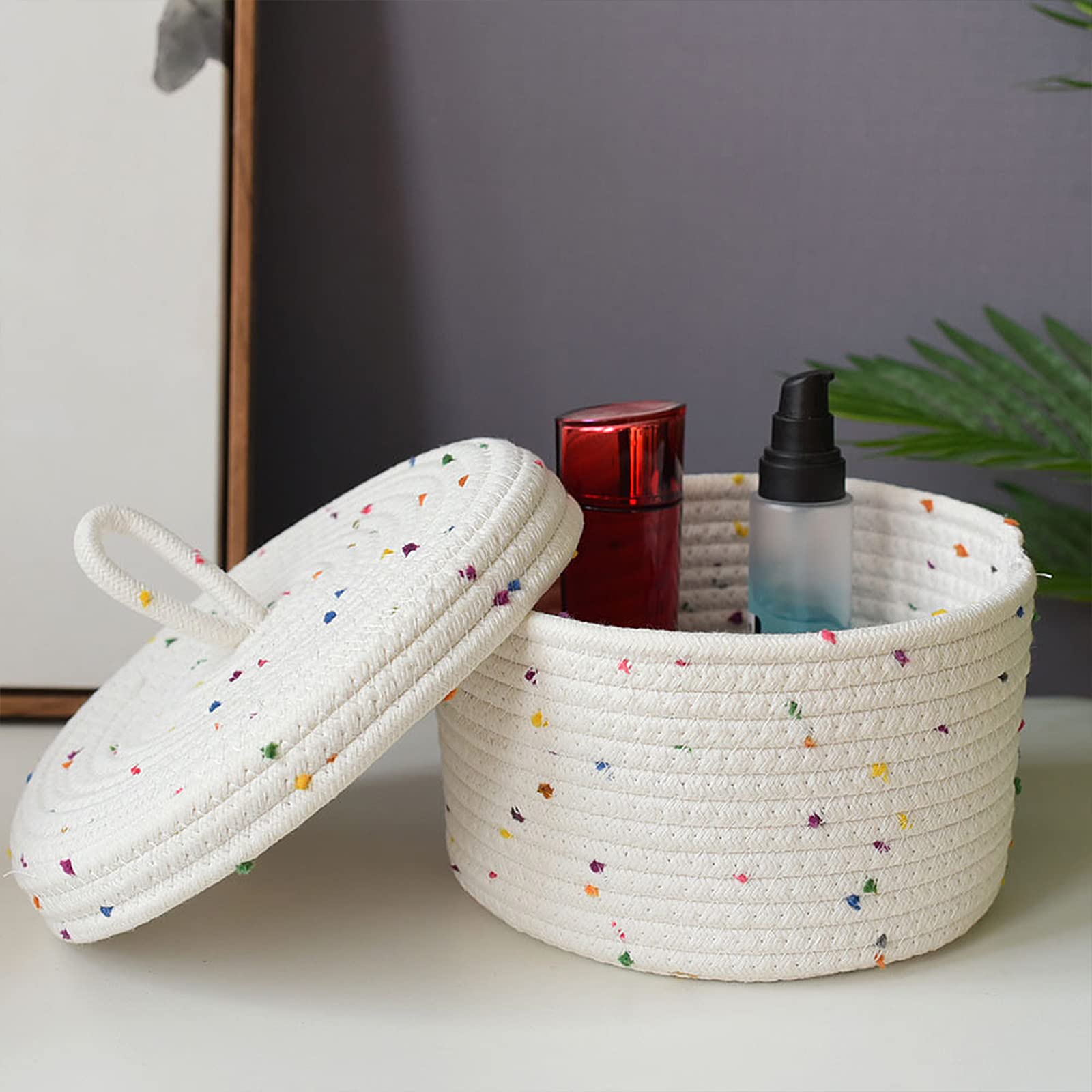 Cotton Rope Storage Basket with Lid Round Basket Small Woven Basket with Lid Decorative Woven Baskets for Organizing for Home Storage, Living Room(22x14cm)