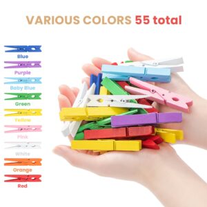 55pcs Clothespins, 2.9'' Heavy Duty Colored Wooden Clothes Pins, Multi-Purpose Colorful Clothing Pins, Wood Clips for Arts & Crafts Pictures Classroom Photos, Rust Resistant, Laundry