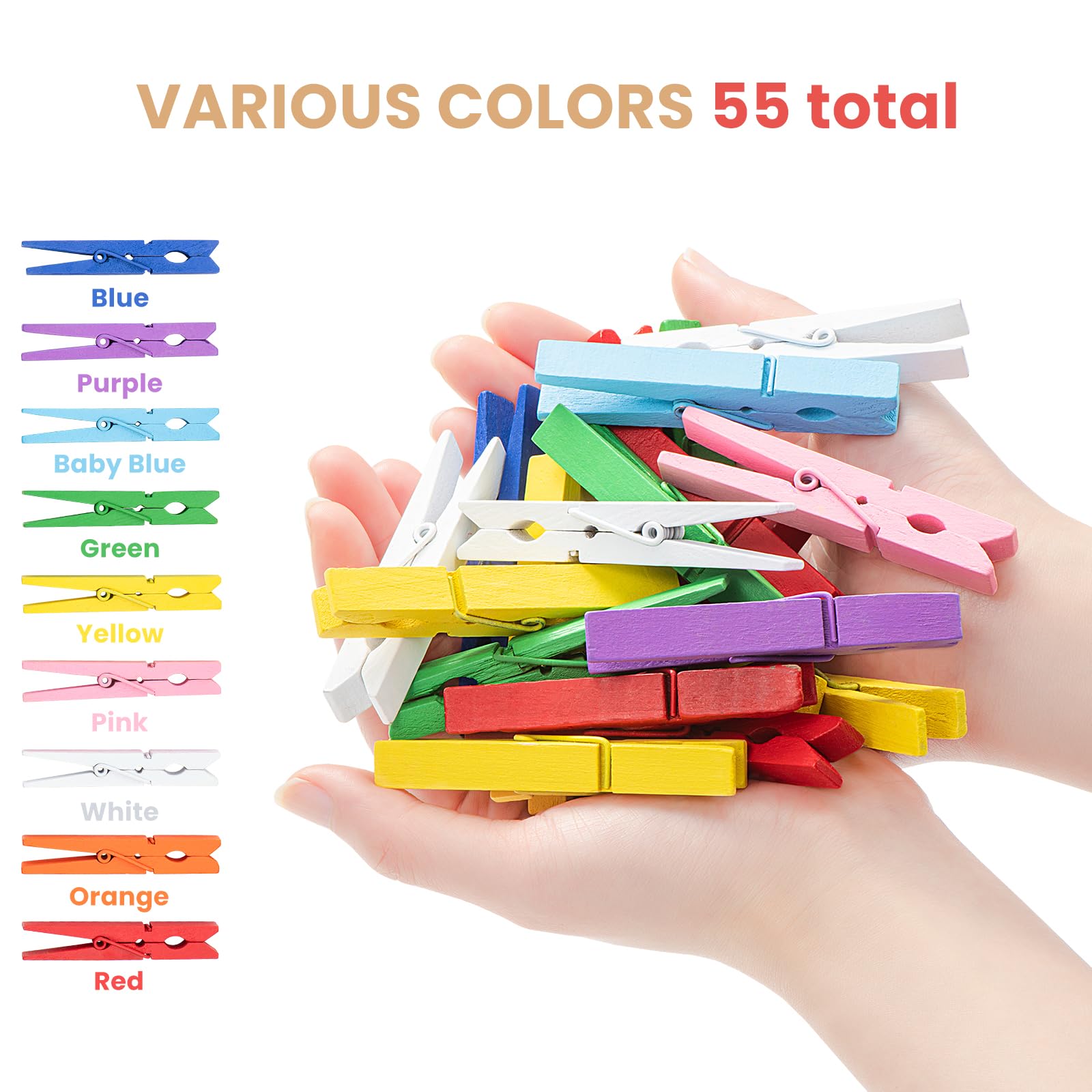 55pcs Clothespins, 2.9'' Heavy Duty Colored Wooden Clothes Pins, Multi-Purpose Colorful Clothing Pins, Wood Clips for Arts & Crafts Pictures Classroom Photos, Rust Resistant, Laundry