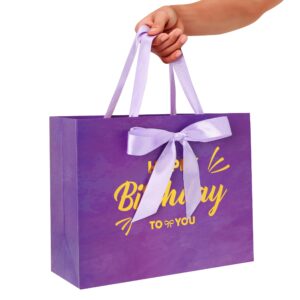 13" Large Purple Painting Gift Bag Set with Greeting Card and Lavender Tissue Papers (Gold Foil Happy Birthday) for Women's Birthday Party, Girls' Birthday Parties, Baby Shower, Baby Girl -