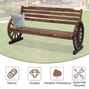 Kinfant Patio Bench Wooden Garden Seat - 55” Outdoor Rustic Brown 2-Person Wagon Wheels Furniture