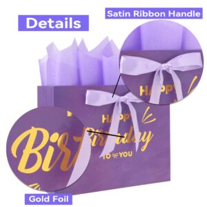 13" Large Purple Painting Gift Bag Set with Greeting Card and Lavender Tissue Papers (Gold Foil Happy Birthday) for Women's Birthday Party, Girls' Birthday Parties, Baby Shower, Baby Girl -