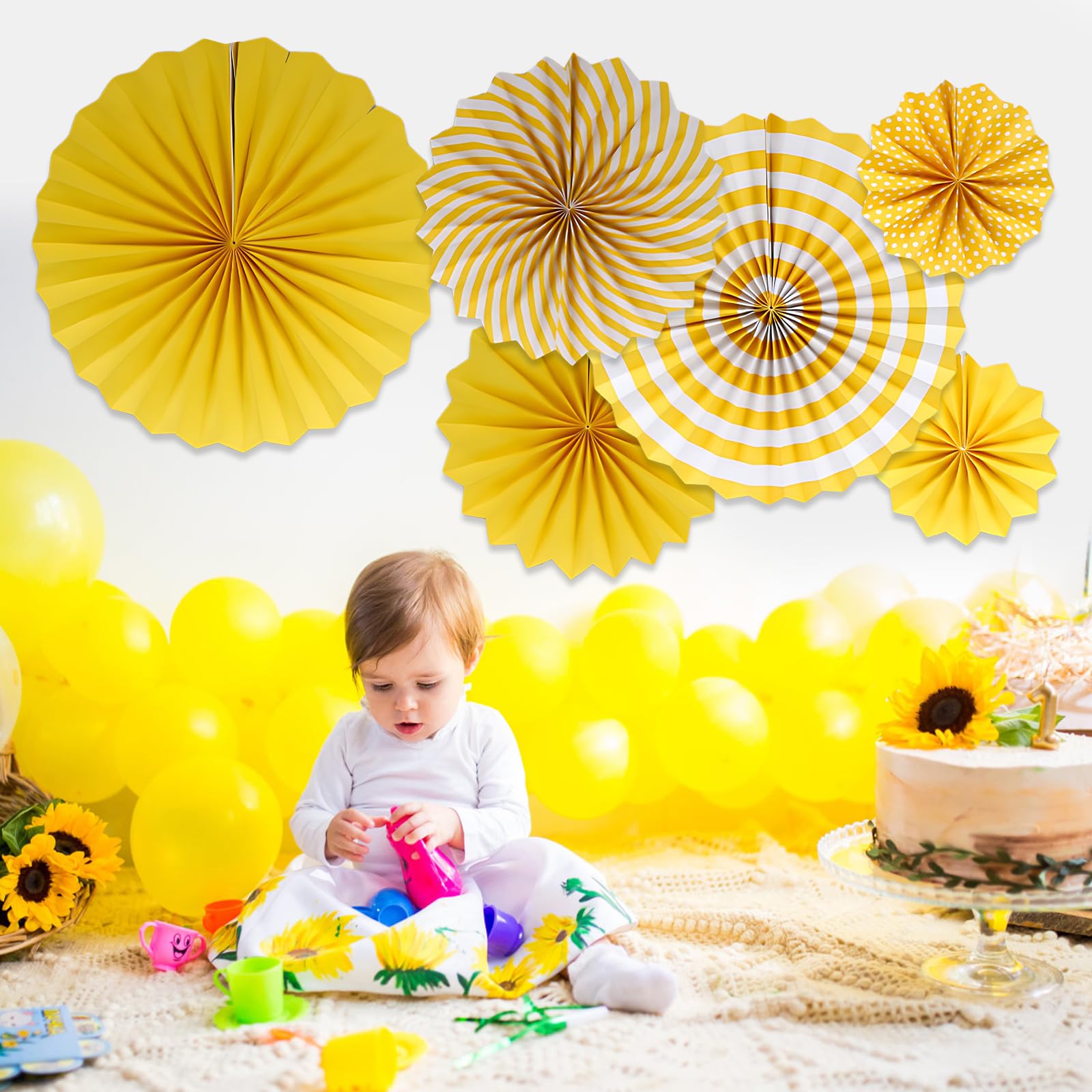 Hanging Paper Fans Decorations - 6 Pcs Round Pattern Yellow Paper Fans Party Decorations for Birthday Easter Wedding Gender Reveal Baby Shower Bridal Shower