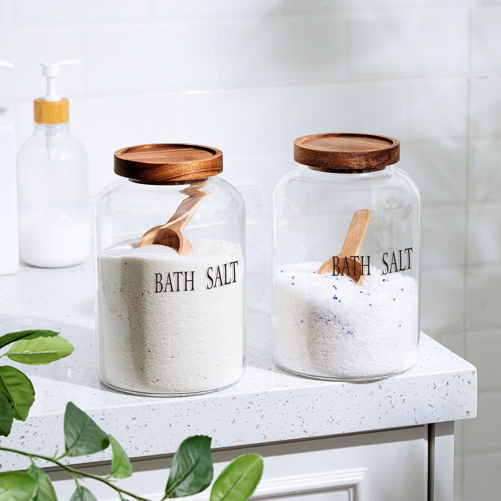 SiliFine 2 Sets 74 oz Large Bath Salt Container with Wooden Scoop for Bath Salt Glass Bath Salt Jar with Airtight Lid Storage Canister for Bath Salt, Food, Flour, Sugar, Cookie, Kitchen