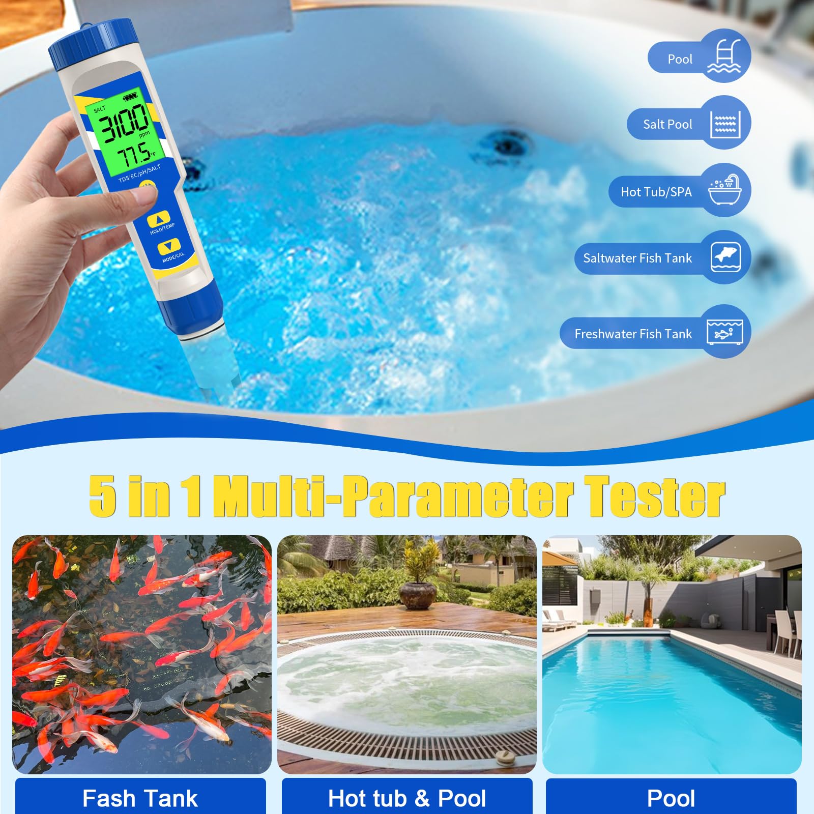 Yewhick Pool Salt Tester, Digital Salinity Tester for Saltwater Aquarium, 5 in 1 pH and Salinity Meter for Saltwater Pool, High Accuracy Salt Meter for Pool, Aquarium, Koi Fish Pond,Hot Tub, Spas