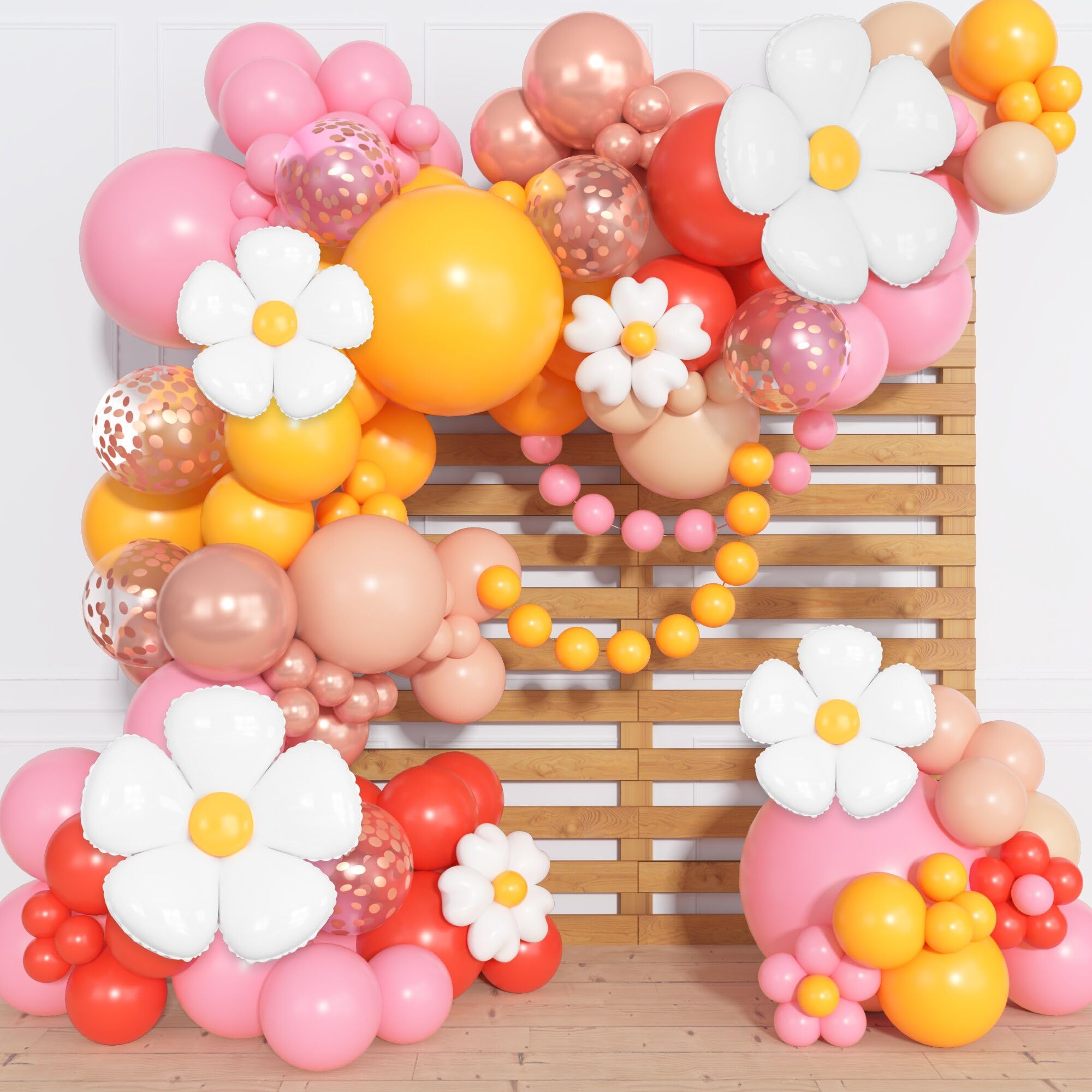 168Pcs Daisy Balloon Arch Garland Kit, Mothers Day Pastel Pink Orange Yellow Confetti Daisy Flower Balloons for Two Groovy One Birthday Floral Boho Girl Baby Shower Wedding Hippie Party Decorations