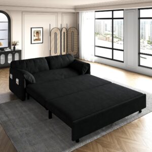 upyooe 63.8" futon sofa bed queen size, pull out bed, 3-in-1 convertible sleeper sofa with side pocket, modern velvet futon couch for living room, small space, apartment, bedroom, black