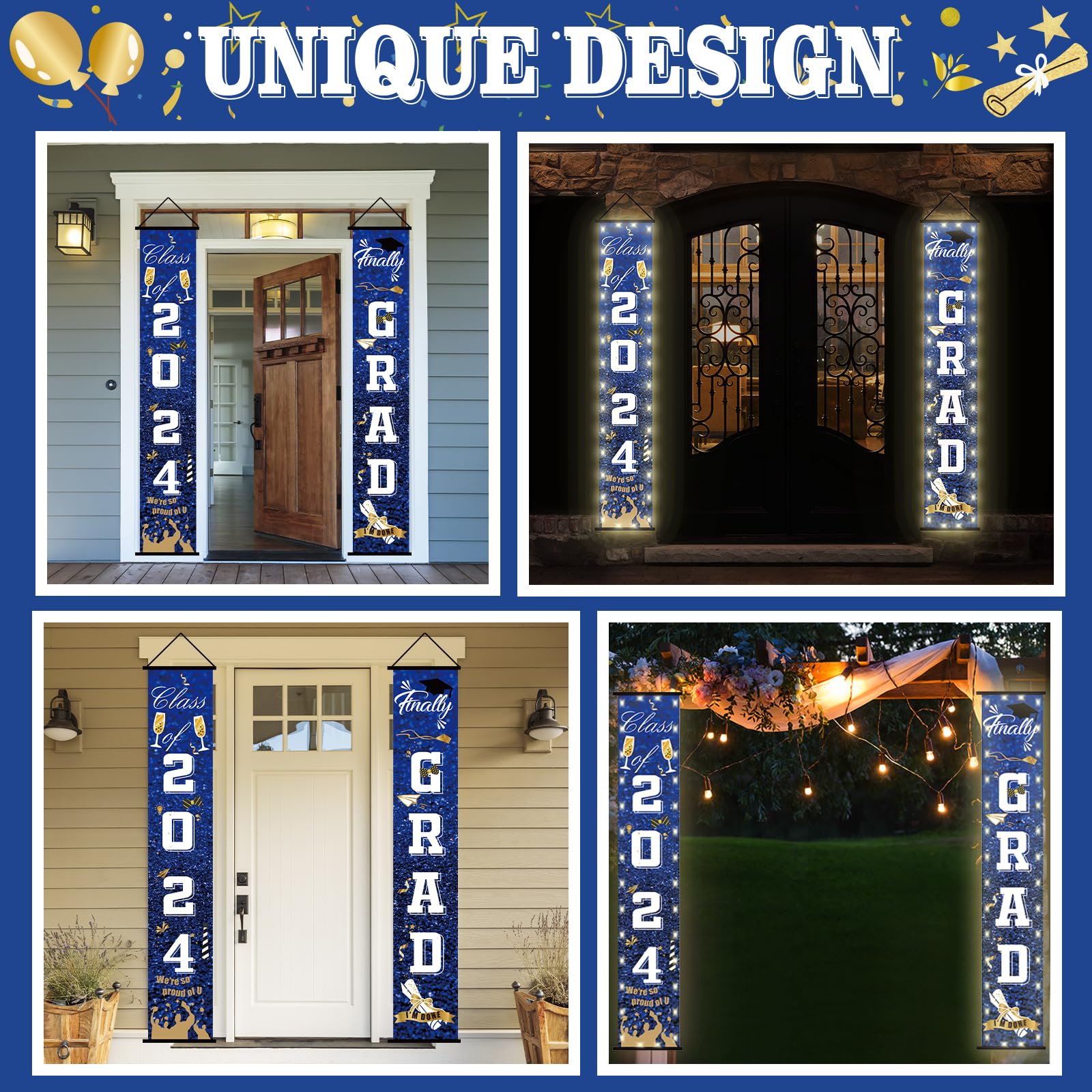 DMIGHT Blue Graduation Party Decorations Class Of 2024 Graduation Party Supplies with Grad Backdrop, Porch Sign with Led-Light Strips, Photo Booth Props,2024 Foil Balloons for Graduation Party