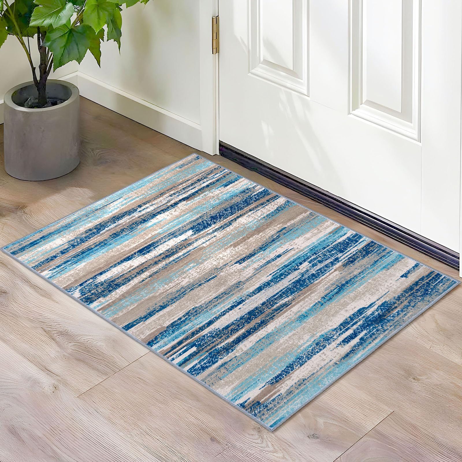 Lansny Modern Abstract Entryway Rug Indoor 2x3 Washable Rug Non-Slip Soft Small Area Rug Blue Kitchen Mats Thin Print Faux Wool Floor Carpet Throw Rugs for Entrance Bedroom Office Home Decor