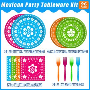 Kepeel 96 Pcs Fiesta Party Plates, Mexican Cinco De Mayo Party Decorations Supplies Mexican Papel Picado Disposable Paper Plates Napkins for Taco Carnival Birthday Baby Shower Tableware, Serves 24