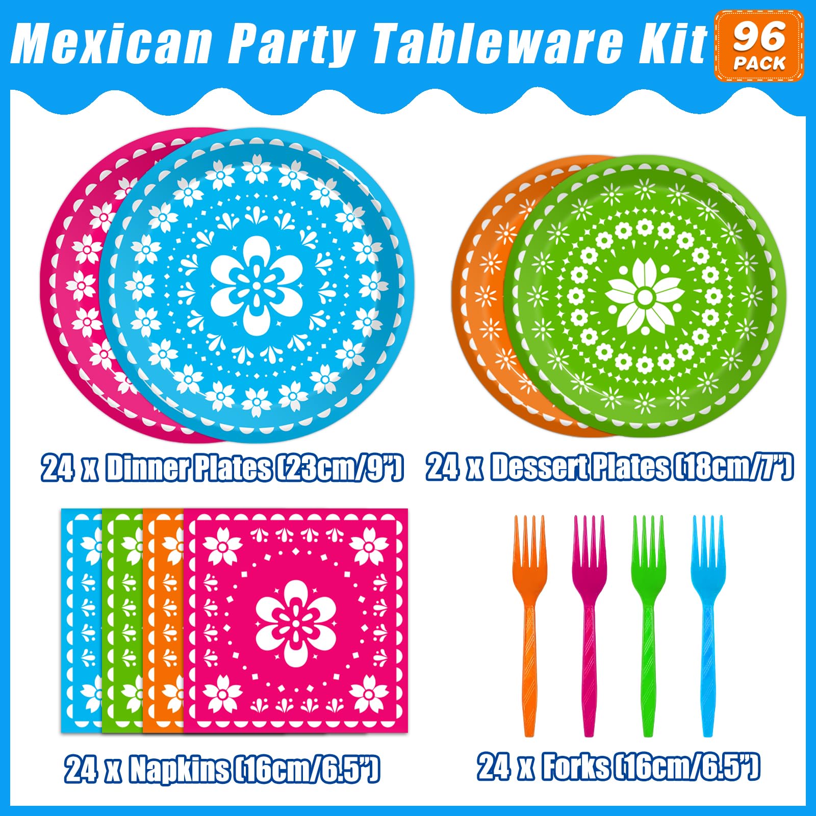 Kepeel 96 Pcs Fiesta Party Plates, Mexican Cinco De Mayo Party Decorations Supplies Mexican Papel Picado Disposable Paper Plates Napkins for Taco Carnival Birthday Baby Shower Tableware, Serves 24