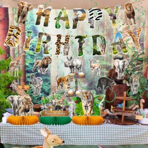 Hokiis Pre-assembled Safari Animals Birthday Decorations Jungle Animal Birthday Banner Table Decoration Honeycomb Wild Jungle Animals Colourful Swirls Cards for Wild Safari Baby Shower Decorations