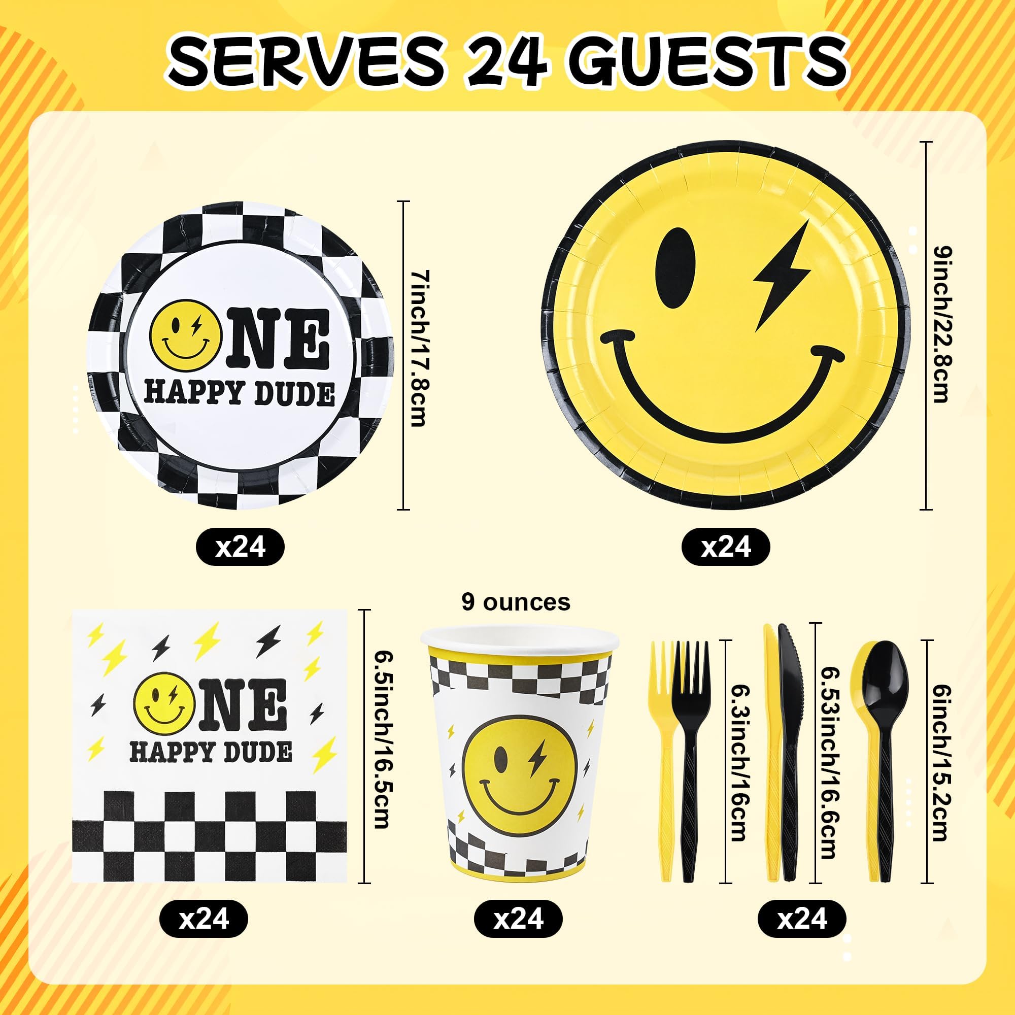 168Pcs One Happy Dude Birthday Paper Plates Yellow Smile Face Party Plates One Happy Dude Plates Cups Napkins Plastic Spoons Forks Knives Party Favors for Birthday Baby Shower Bachelor Party,Serves 24