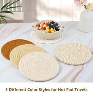 Trivets for Hot Dishes, 5 PCS Minimalist Cotton Pot Holders Kitchen Table, Counter Home Decor Essentials, Heat Resistant Hot Pads Plate Mats for Hot Pots and Pans, 7 Inch