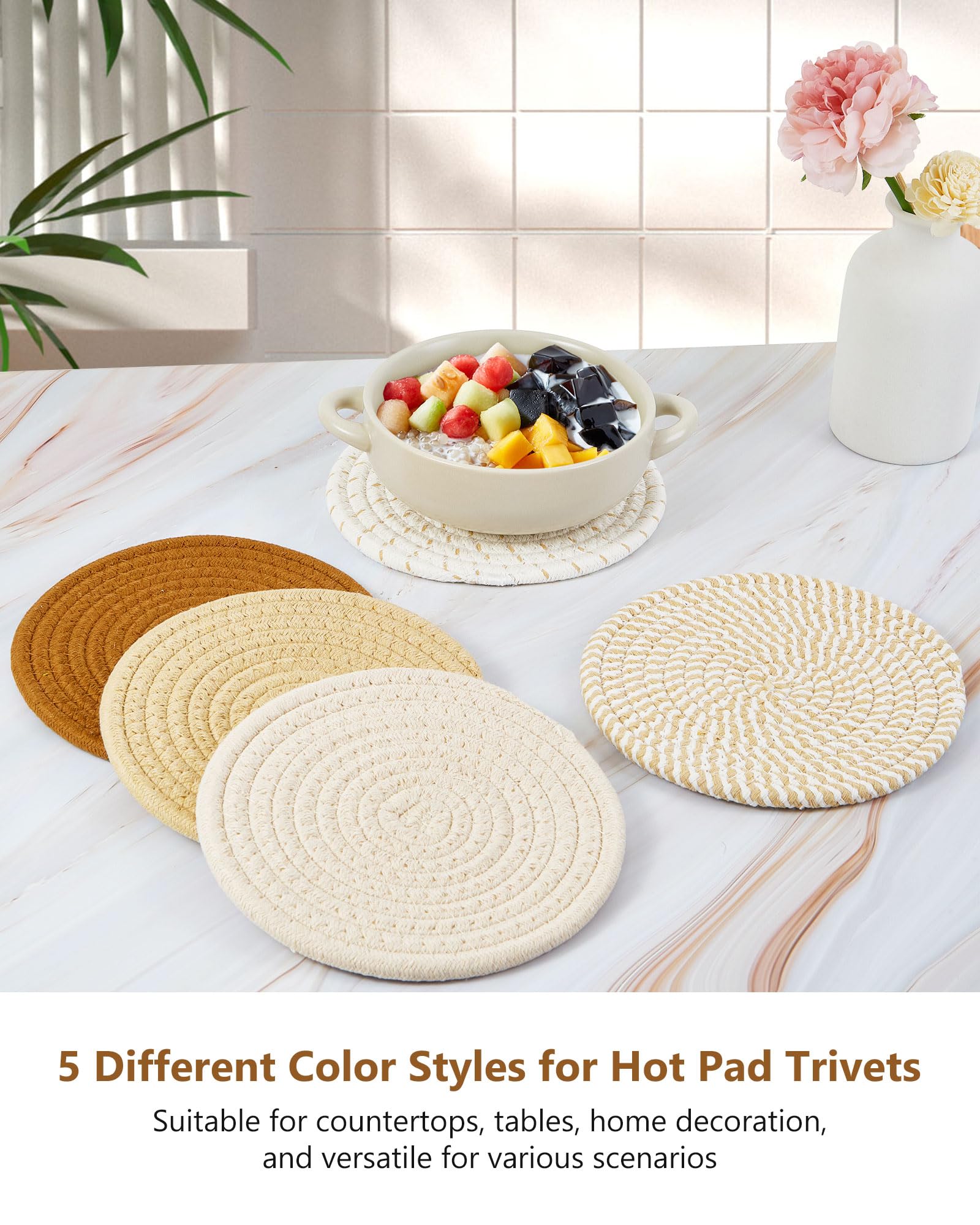 Trivets for Hot Dishes, 5 PCS Minimalist Cotton Pot Holders Kitchen Table, Counter Home Decor Essentials, Heat Resistant Hot Pads Plate Mats for Hot Pots and Pans, 7 Inch