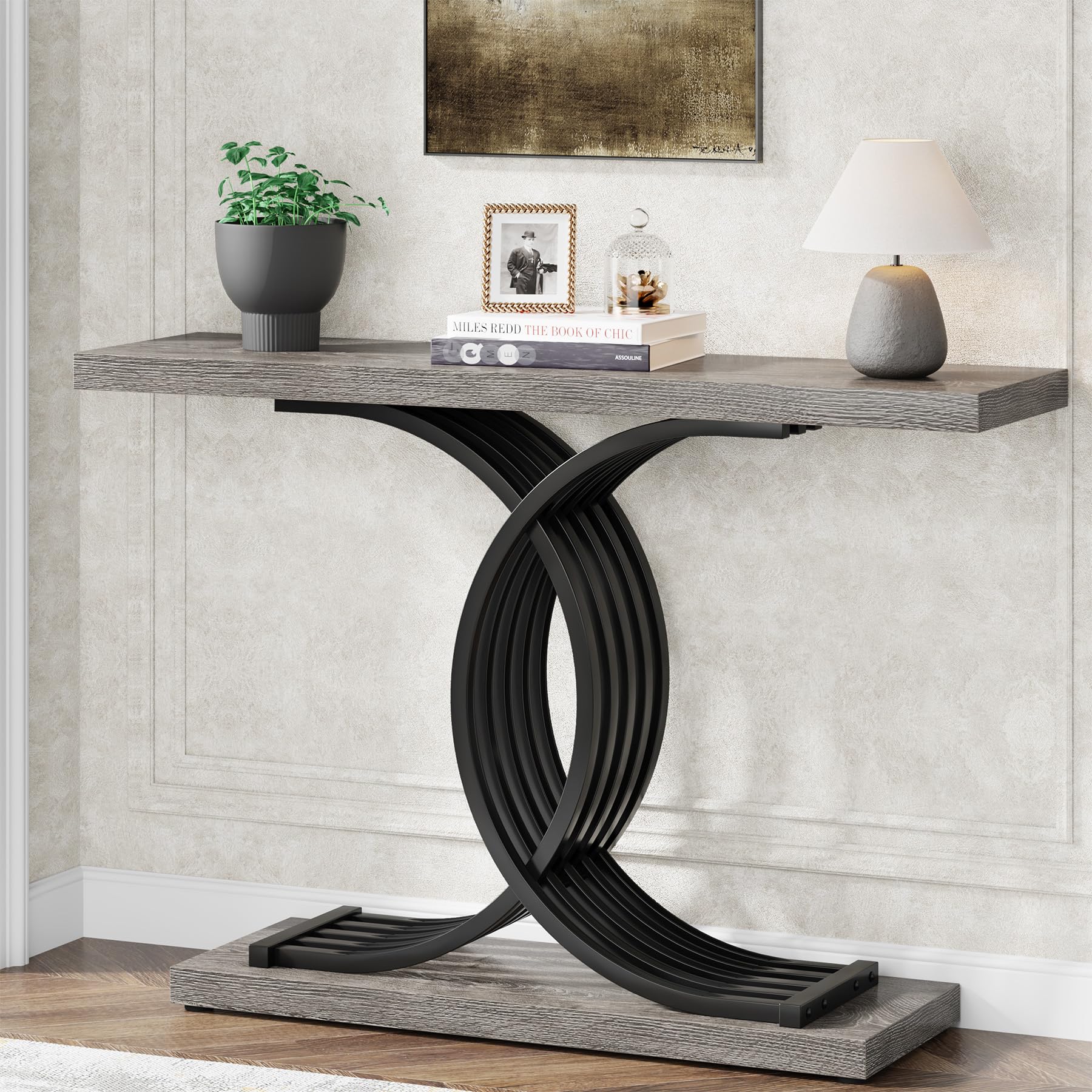 Tribesigns Industrial Entryway Table, 39-Inch Vintage Console Table Accent Table with Geometric Metal Legs, Narrow Wood Sofa Table Foyer Table for Entrance, Living Room (Gray & Black)