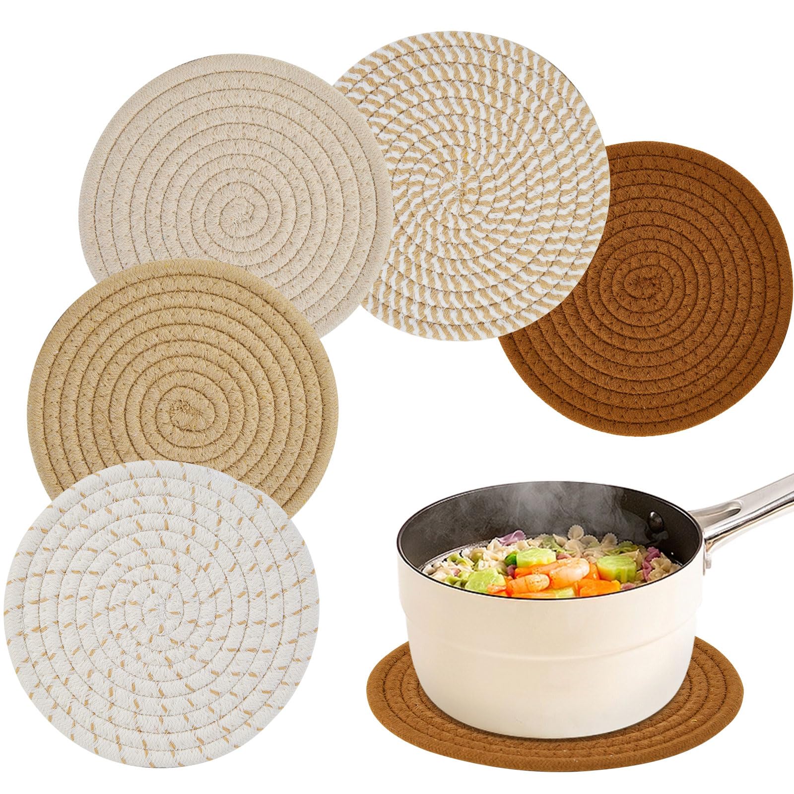 Trivets for Hot Dishes, 5 PCS Minimalist Cotton Pot Holders Kitchen Table, Counter Home Decor Essentials, Heat Resistant Hot Pads Plate Mats for Hot Pots and Pans, 7 Inch